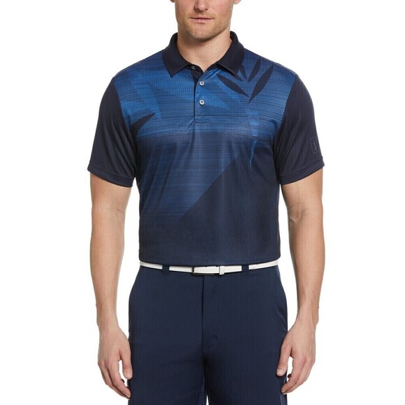 PGA TOUR Mens Asymmetrical Tropical-Print Peacoat Golf Polo Shirt Blue Size XL - Picture 1 of 4